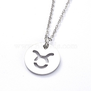 304 Stainless Steel Pendant Necklaces, with Cable Chains and Lobster Claw Clasps, Flat Round with Twelve Constellations, Stainless Steel Color, Taurus, 17.7 inch(45cm), 2mm(NJEW-E147-06P)