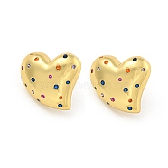 Rack Plating Brass Micro Pave Cubic Zirconia Stud Earring, Cadmium Free & Lead Free, Long-Lasting Plated, Heart, Colorful, Real 18K Gold Plated, 19x21mm(X-EJEW-C102-08G-02)