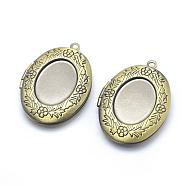 Brass Locket Pendants, Photo Frame Charms for Necklaces, Cadmium Free & Nickel Free & Lead Free, Oval with Flower, Brushed Antique Bronze, 33x23x6mm, Hole: 2mm, Inner Size: 16x23mm(KK-F717-18AB-NR)