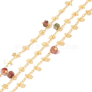 Natural Assorted Stone Column Beaded Chains, with Brass Paperclip Chains and Star Charm, Soldered, with Spool, Lead Free & Cadmium Free, Golden, 2x1x0.5mm, 5x3x1mm(CHC-K012-02G-08)