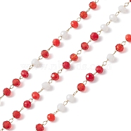 Handmade Glass Beaded Chains, Faceted, Unwelded, with 304 Stainless Steel Chains, Golden, Round, Red, 3x2.5mm(CHS-P016-46G-08)
