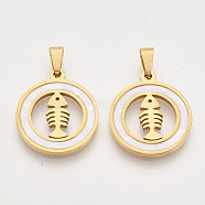 201 Stainless Steel Pendants, with Shell and Random Size Snap on Bails, Flat Round with Fishbone, Golden, 23x20x2mm, Hole: 7~10x3~5mm(X-STAS-N089-70G)