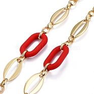 Handmade Brass Oval Link Chains, with Acrylic Linking Rings, Unwelded, Real 18K Gold Plated, Red, Link: 8.5x6.5x2mm and 24x12x2mm, Acrylic: 27.5x16.5x4.5mm. (CHC-H102-16G-G)