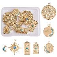 14Pcs 7 Styles 304 Stainless Steel Pendants, with Mixed Color Rhinestone, Moon & Star Charm, Mixed Shapes , Real 18K Gold Plated, 12~29x7.5~25x2~3.5mm, Hole: 1.4~2mm, 2pcs/style(STAS-SZ0002-78G)