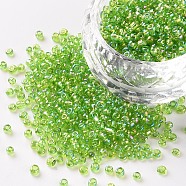 12/0 Round Glass Seed Beads, Transparent Colours Rainbow, Round Hole, Green Yellow, 12/0, 2mm, Hole: 1mm, about 3333pcs/50g, 50g/bag, 18bags/2pounds(SEED-US0003-2mm-164)