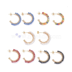Brass Stud Earring, Half Hoop Earrings, with Glass Seed Beads and Plastic Ear Nuts, Mixed Color, 21.5x24x4mm, Pin: 0.6mm(EJEW-JE04179)