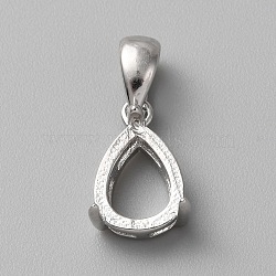 Rhodium Plated Sterling Silver Pendant Cabochon Settings, Teardrop, with 925 Stamp, Platinum, 11.5x7.5x5mm, Hole: 4.5x3mm, Tray: 8.5x6.5mm(STER-WH0016-07P)