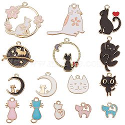 30Pcs 15 Styles Alloy Enamel Charms, Cat Shape, Light Gold, Mixed Color, 13~30x8.5~29x1~3mm, Hole: 1.2~2mm, 2pcs/style(ENAM-SC0003-27)