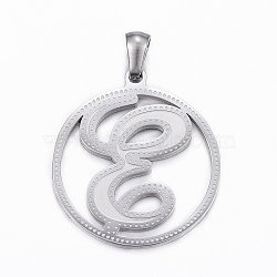 304 Stainless Steel Pendants, Flat Round with Letter.E, Stainless Steel Color, 28x25x1.2mm, Hole: 6x3mm(STAS-K162-047P)