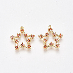 Brass Cubic Zirconia Pendants, Nickel Free, Real 18K Gold Plated, Star, FireBrick, 18x16.5x2.5mm, Hole: 1mm(KK-T038-505C)