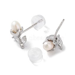 Natural Pearl and Cubic Zirconia Stud Earrings for Women, with Sterling Silver Pins, Flower, Platinum, 11x7.5mm(EJEW-C083-05P)