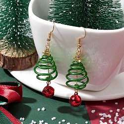 Aluminum Wire Wrapped Christmas Tree Dangle Earrings, Brass Bell Earrings for Women, Lime Green, 66x17~19mm(EJEW-JE05829-01)