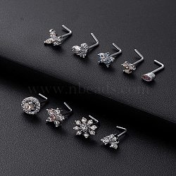 316L Surgical Stainless Steel Clear Cubic Zirconia L-Shaped Nose Rings, Butterfly, Stainless Steel Color, 7mm, Pin: 0.8mm(WG135CD-11)