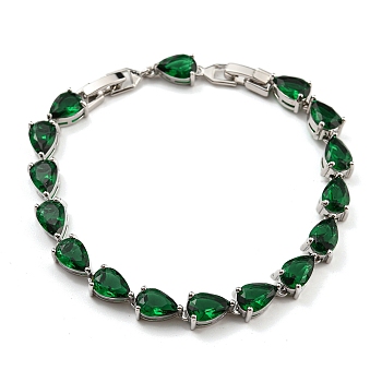 Teardrop Glass Link Chain Bracelets, Rack Plating Platinum Plated Brass Jewelry for Women, Green, 8 inch(20.3cm)