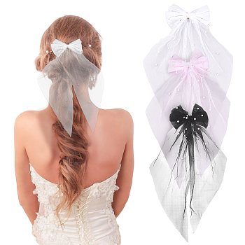 3Pcs 3 Colors Polyester Mesh Big Bowknot Hair Barrettes, with Plastic Beads and Iron Findings, Hair Accessorise for Woman, Mixed Color, 410~440x250x18mm, 1pc/color
