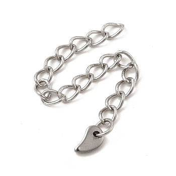 304 Stainless Steel Curb Chain Extenders, End Chains with 201 Stainless Steel Teardrop Chain Tab, Stainless Steel Color, 55mm