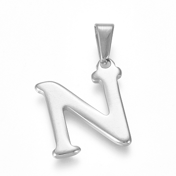 304 Stainless Steel Pendants, Stainless Steel Color, Initial Letter.N, 20x18x1.8mm, Hole: 3x7mm