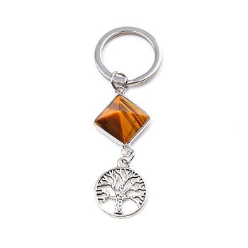 Natural Tiger Eye Pyramid Detachable Pendant Keychain, Metal Tree of Life Charm for Car Key Bag Ornaments, 6.6x2cm