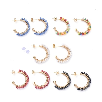 Brass Stud Earring, Half Hoop Earrings, with Glass Seed Beads and Plastic Ear Nuts, Mixed Color, 21.5x24x4mm, Pin: 0.6mm