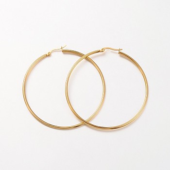 304 Stainless Steel Hoop Earrings, Hypoallergenic Earrings Ion Plating(IP), Ring Shape, Real 18K Gold Plated, 60x2mm, 12 Gauge, Pin: 1x0.7mm