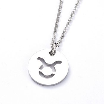 304 Stainless Steel Pendant Necklaces, with Cable Chains and Lobster Claw Clasps, Flat Round with Twelve Constellations, Stainless Steel Color, Taurus, 17.7 inch(45cm), 2mm
