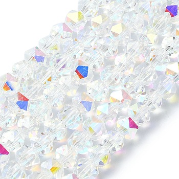 Electroplate Glass Beads, Half Plated, Faceted, Polygon, Clear AB, 6x6x5.5mm, Hole: 1.2mm, about 96~100pcs/strand, 20.08''~20.47''(51~52cm)