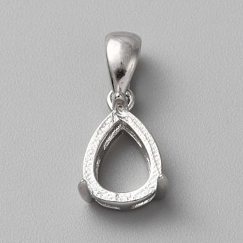 Rhodium Plated Sterling Silver Pendant Cabochon Settings, Teardrop, with 925 Stamp, Platinum, 11.5x7.5x5mm, Hole: 4.5x3mm, Tray: 8.5x6.5mm