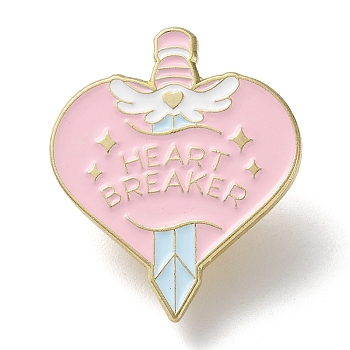 Heart & Sword with Word Breaker Enamel Pins, Golden Zinc Alloy Brooch for Women, Pink, 30x25x2mm