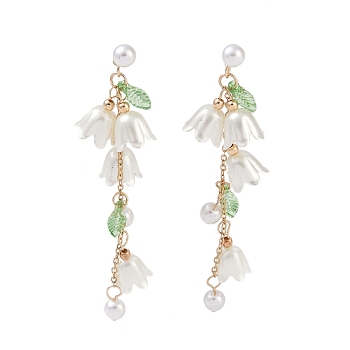 Flower Plastic Imitation Pearl Dangle Stud Earrings, Golden Alloy Chains Tassel Earrings, White, Small, 24~90mm
