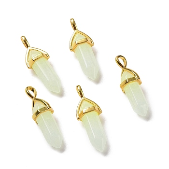 Luminous/Glow Bullet Glass Pointed Pendants, with Golden Tone Brass Findings, Lead Free and Cadmium Free, Light Cyan, 28~29.5x9~9.5x8mm, Hole: 4.5x3mm
