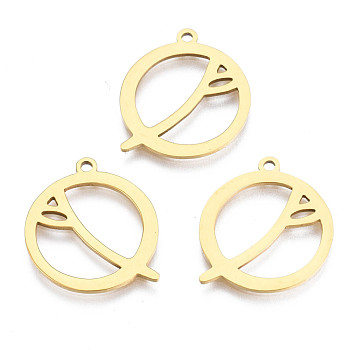Ion Plating(IP) 201 Stainless Steel Pendants, Laser Cut, Flat Round with Branch, Golden, 19.5x17.5x1mm, Hole: 1.4mm