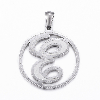 304 Stainless Steel Pendants, Flat Round with Letter.E, Stainless Steel Color, 28x25x1.2mm, Hole: 6x3mm