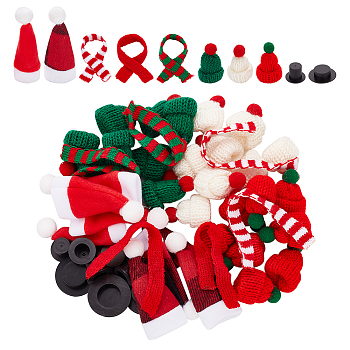 80Pcs 10 Style Christmas Theme Wine Bottle Cover Sets, Including Woolen Hats, Plastic Cap and Woolen Yarn Scarf, Mixed Color, 85x45x2~16mm, Inner Diameter: 27.5mm, 8pcs/style