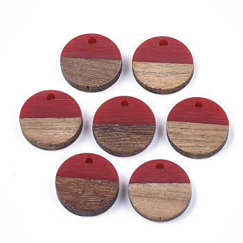 Resin & Walnut Wood Pendants, Flat Round, FireBrick, 14~15x3~4mm, Hole: 1.8mm
