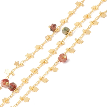 Natural Assorted Stone Column Beaded Chains, with Brass Paperclip Chains and Star Charm, Soldered, with Spool, Lead Free & Cadmium Free, Golden, 2x1x0.5mm, 5x3x1mm