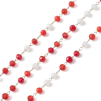 Handmade Glass Beaded Chains, Faceted, Unwelded, with 304 Stainless Steel Chains, Golden, Round, Red, 3x2.5mm