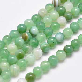 Natural Striped Agate/Banded Agate Bead Strands, Dyed & Heated, Round, Grade A, Spring Green, 8mm, Hole: 1mm, about 48pcs/strand, 15.1 inch(385mm)