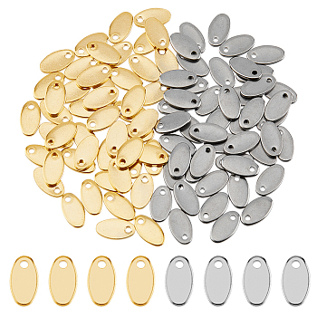 100Pcs 2 Colors 304 Stainless Steel Charms, Stamping Blank Tag, Oval, Golden & Stainless Steel Color, 9x5x1mm, Hole: 1.2mm, 50pcs/color