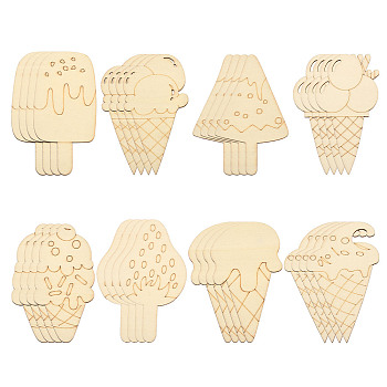 Unfinished Wood Ice Cream Cutouts, Decorative Wooden Ice Cream Pieces, Wheat, 99.5~100x49~59x2mm, 8 styles, 5pcs/style, 40pcs/set