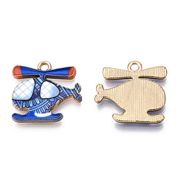 Printed Alloy Pendants, Cadmium Free & Nickel Free & Lead Free, Light Gold, Helicopter Charm, Blue, 17.5x18.5x2mm, Hole: 1.8mm