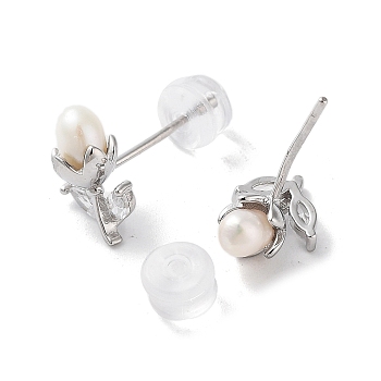 Natural Pearl and Cubic Zirconia Stud Earrings for Women, with Sterling Silver Pins, Flower, Platinum, 11x7.5mm