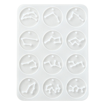 Twelve Constellations Round Pendants Silicone Molds, Resin Casting Molds, for UV Resin, Epoxy Resin Jewelry Making, White, 135x99x3.5mm, Hole: 2mm, Inner Diameter: 28mm