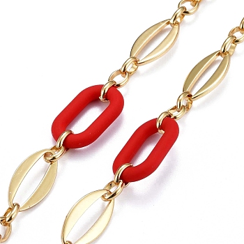 Handmade Brass Oval Link Chains, with Acrylic Linking Rings, Unwelded, Real 18K Gold Plated, Red, Link: 8.5x6.5x2mm and 24x12x2mm, Acrylic: 27.5x16.5x4.5mm. 
