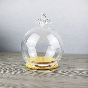Angel Glass Dome Cover, Decorative Display Case, Cloche Bell Jar Terrarium with Wood Base, for DIY Preserved Flower Gift, Clear, 120mm