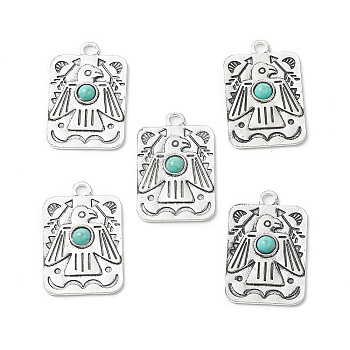 Synthetic Turquoise Pendants, with Alloy Findings, Rectangle Charms with Crow, Antique Silver, 40x26x5mm, Hole: 3.7mm