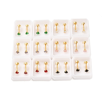 Square Glass Ear Fake Plugs, 304 Stainless Steel Piercing Stud Screw Earrings for Women, Golden, Clear, 3x3mm, Pin: 1mm