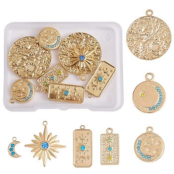14Pcs 7 Styles 304 Stainless Steel Pendants, with Mixed Color Rhinestone, Moon & Star Charm, Mixed Shapes , Real 18K Gold Plated, 12~29x7.5~25x2~3.5mm, Hole: 1.4~2mm, 2pcs/style