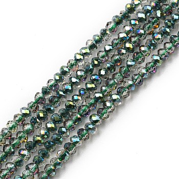 Electroplate Glass Beads Strands, Full Rainbow Plated, Faceted, Rondelle, Sea Green, 2~2.3x1.7~1.9mm, Hole: 0.3mm, about 208~214pcs/strand, 14.06~14.33''(35.7~36.4cm)
