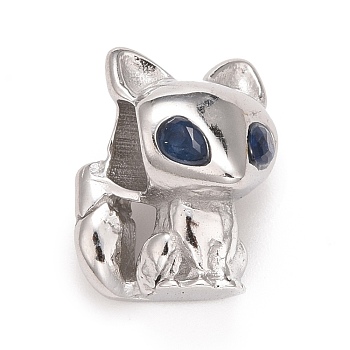 304 Stainless Steel European Beads, Large Hole Beads, with Sapphire Rhinestone, Fox, Stainless Steel Color, 13x9x10mm, Hole: 4mm