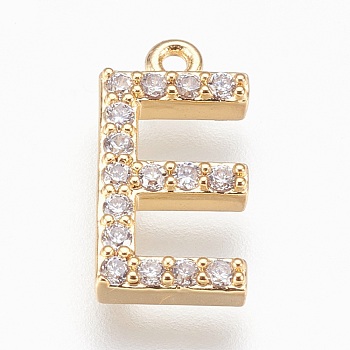 Brass Letter Pendants, with Cubic Zirconia, Lead Free & Cadmium Free & Nickel Free, Long-Lasting Plated, Golden, Letter.E, 15x7x2mm, Hole: 1.2mm